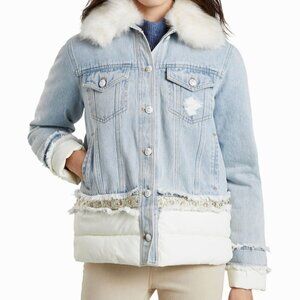 Desigual Light Wash Denim Fur Collar Quilted Interior Jacket L